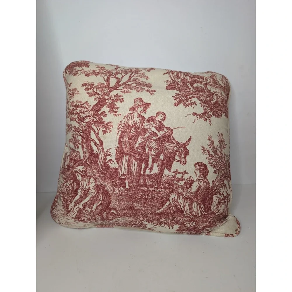 Vintage Red Toile Throw Accent Pillow 15x15 Cream Burgundy Pastoral Cottage